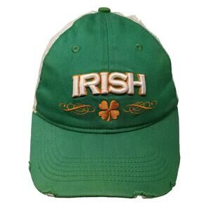 Falcon Baseball Cap Green Beige OS Irish Shamrock Distressed Fitted Hat Clover